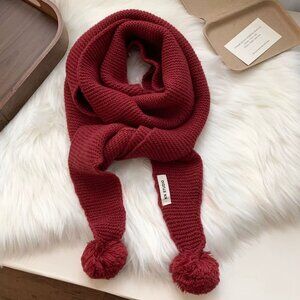 Red Knit Scarf with Pom Poms